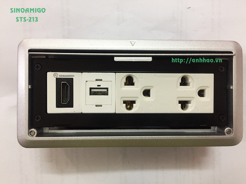 Hộp ổ cắm điện âm bàn nắp trượt Sinoamigo STS-213 màu bạc